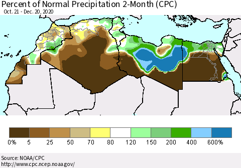 North Africa Percent of Normal Precipitation 2-Month (CPC) Thematic Map For 10/21/2020 - 12/20/2020