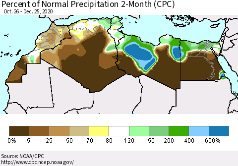 North Africa Percent of Normal Precipitation 2-Month (CPC) Thematic Map For 10/26/2020 - 12/25/2020