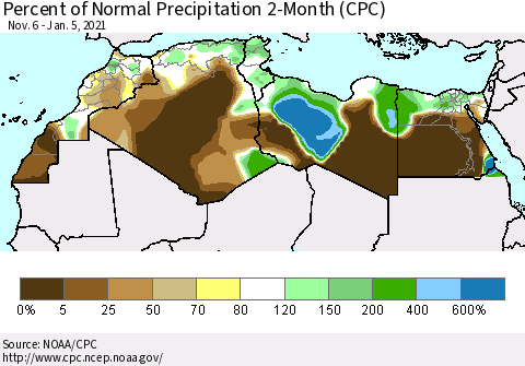 North Africa Percent of Normal Precipitation 2-Month (CPC) Thematic Map For 11/6/2020 - 1/5/2021