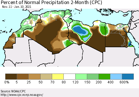 North Africa Percent of Normal Precipitation 2-Month (CPC) Thematic Map For 11/11/2020 - 1/10/2021