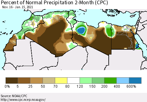 North Africa Percent of Normal Precipitation 2-Month (CPC) Thematic Map For 11/16/2020 - 1/15/2021