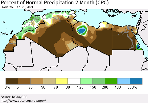 North Africa Percent of Normal Precipitation 2-Month (CPC) Thematic Map For 11/26/2020 - 1/25/2021
