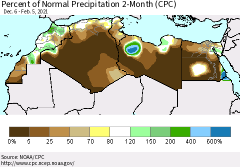 North Africa Percent of Normal Precipitation 2-Month (CPC) Thematic Map For 12/6/2020 - 2/5/2021