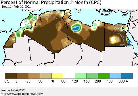 North Africa Percent of Normal Precipitation 2-Month (CPC) Thematic Map For 12/11/2020 - 2/10/2021