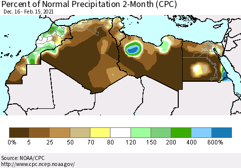 North Africa Percent of Normal Precipitation 2-Month (CPC) Thematic Map For 12/16/2020 - 2/15/2021