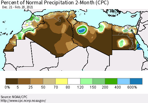 North Africa Percent of Normal Precipitation 2-Month (CPC) Thematic Map For 12/21/2020 - 2/20/2021
