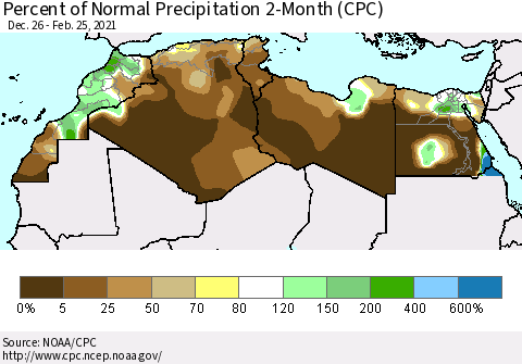North Africa Percent of Normal Precipitation 2-Month (CPC) Thematic Map For 12/26/2020 - 2/25/2021