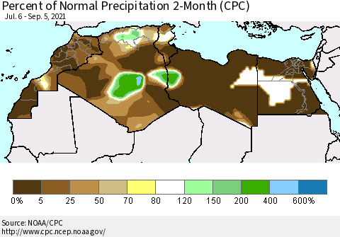 North Africa Percent of Normal Precipitation 2-Month (CPC) Thematic Map For 7/6/2021 - 9/5/2021