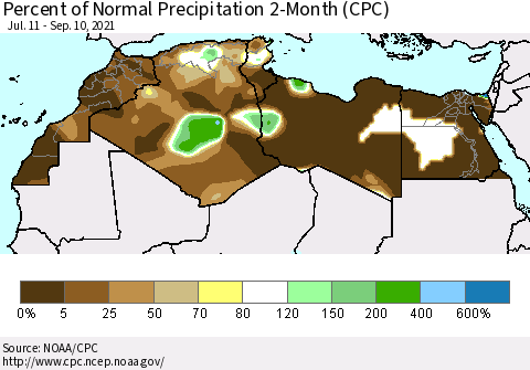 North Africa Percent of Normal Precipitation 2-Month (CPC) Thematic Map For 7/11/2021 - 9/10/2021