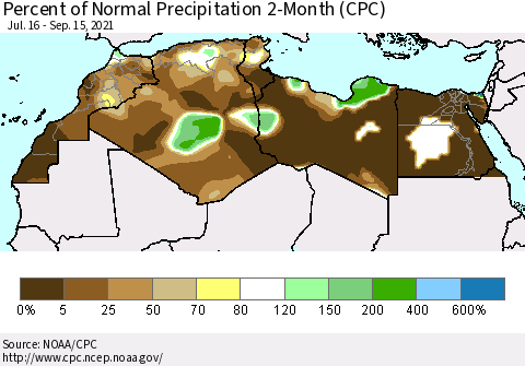 North Africa Percent of Normal Precipitation 2-Month (CPC) Thematic Map For 7/16/2021 - 9/15/2021