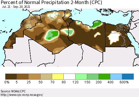 North Africa Percent of Normal Precipitation 2-Month (CPC) Thematic Map For 7/21/2021 - 9/20/2021