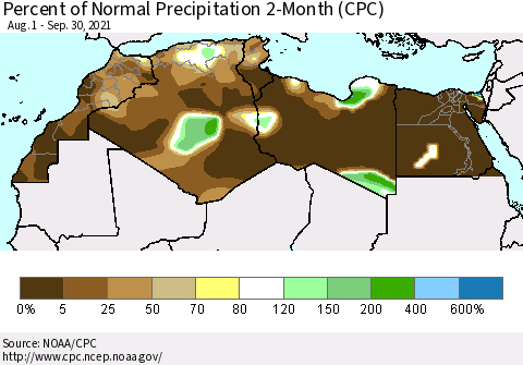North Africa Percent of Normal Precipitation 2-Month (CPC) Thematic Map For 8/1/2021 - 9/30/2021