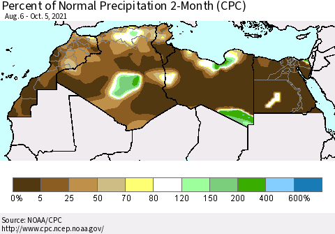 North Africa Percent of Normal Precipitation 2-Month (CPC) Thematic Map For 8/6/2021 - 10/5/2021
