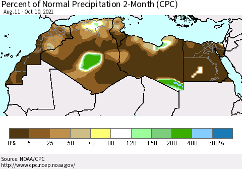 North Africa Percent of Normal Precipitation 2-Month (CPC) Thematic Map For 8/11/2021 - 10/10/2021