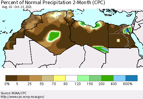 North Africa Percent of Normal Precipitation 2-Month (CPC) Thematic Map For 8/16/2021 - 10/15/2021