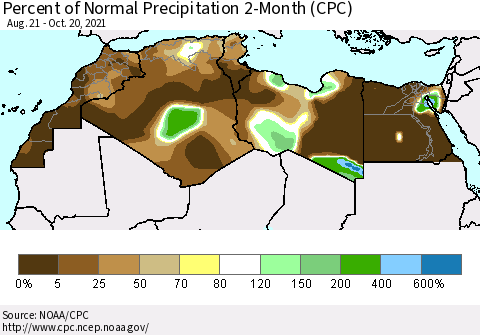 North Africa Percent of Normal Precipitation 2-Month (CPC) Thematic Map For 8/21/2021 - 10/20/2021