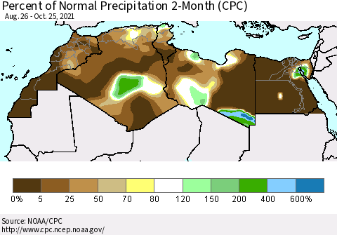 North Africa Percent of Normal Precipitation 2-Month (CPC) Thematic Map For 8/26/2021 - 10/25/2021