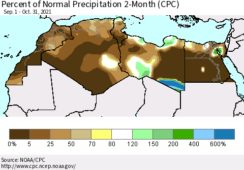 North Africa Percent of Normal Precipitation 2-Month (CPC) Thematic Map For 9/1/2021 - 10/31/2021