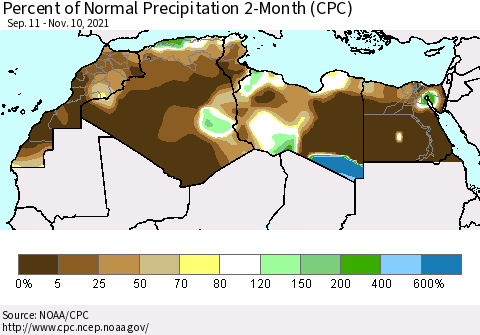 North Africa Percent of Normal Precipitation 2-Month (CPC) Thematic Map For 9/11/2021 - 11/10/2021