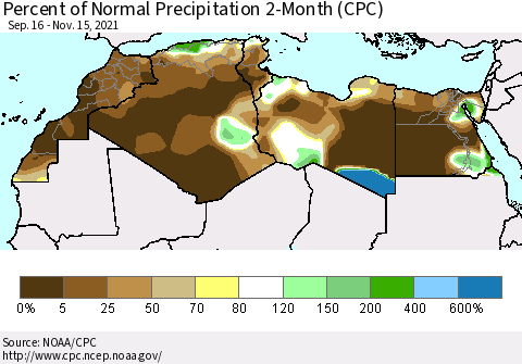 North Africa Percent of Normal Precipitation 2-Month (CPC) Thematic Map For 9/16/2021 - 11/15/2021