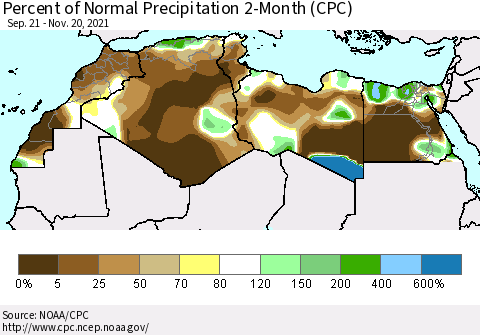 North Africa Percent of Normal Precipitation 2-Month (CPC) Thematic Map For 9/21/2021 - 11/20/2021