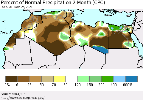 North Africa Percent of Normal Precipitation 2-Month (CPC) Thematic Map For 9/26/2021 - 11/25/2021