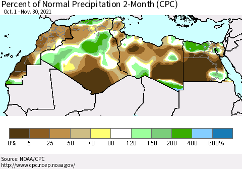 North Africa Percent of Normal Precipitation 2-Month (CPC) Thematic Map For 10/1/2021 - 11/30/2021