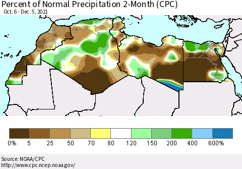 North Africa Percent of Normal Precipitation 2-Month (CPC) Thematic Map For 10/6/2021 - 12/5/2021
