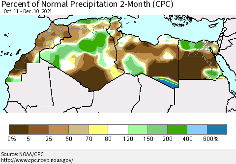 North Africa Percent of Normal Precipitation 2-Month (CPC) Thematic Map For 10/11/2021 - 12/10/2021