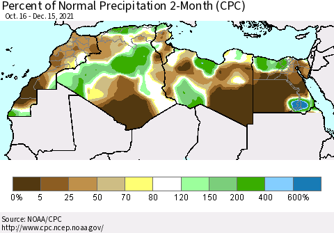 North Africa Percent of Normal Precipitation 2-Month (CPC) Thematic Map For 10/16/2021 - 12/15/2021