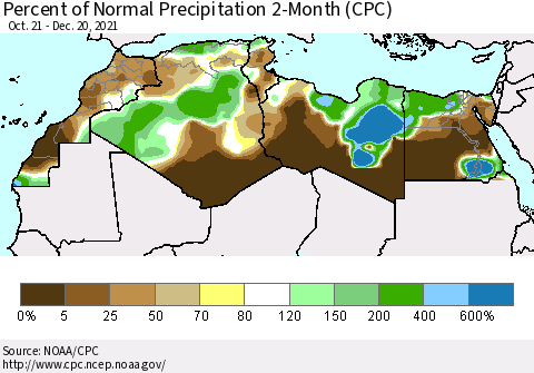 North Africa Percent of Normal Precipitation 2-Month (CPC) Thematic Map For 10/21/2021 - 12/20/2021