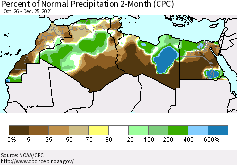 North Africa Percent of Normal Precipitation 2-Month (CPC) Thematic Map For 10/26/2021 - 12/25/2021
