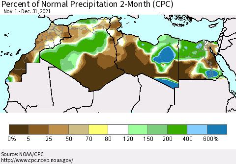 North Africa Percent of Normal Precipitation 2-Month (CPC) Thematic Map For 11/1/2021 - 12/31/2021