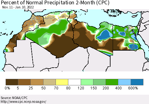 North Africa Percent of Normal Precipitation 2-Month (CPC) Thematic Map For 11/11/2021 - 1/10/2022