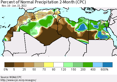 North Africa Percent of Normal Precipitation 2-Month (CPC) Thematic Map For 11/16/2021 - 1/15/2022