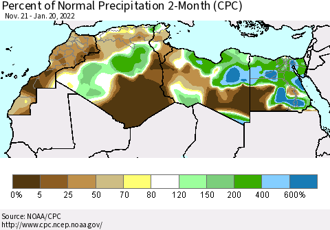 North Africa Percent of Normal Precipitation 2-Month (CPC) Thematic Map For 11/21/2021 - 1/20/2022