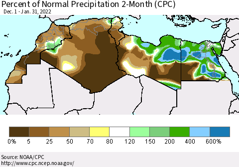 North Africa Percent of Normal Precipitation 2-Month (CPC) Thematic Map For 12/1/2021 - 1/31/2022