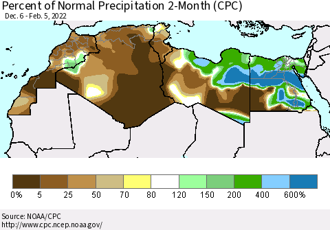 North Africa Percent of Normal Precipitation 2-Month (CPC) Thematic Map For 12/6/2021 - 2/5/2022