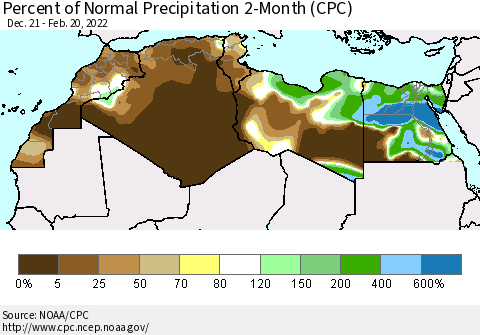 North Africa Percent of Normal Precipitation 2-Month (CPC) Thematic Map For 12/21/2021 - 2/20/2022