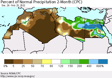 North Africa Percent of Normal Precipitation 2-Month (CPC) Thematic Map For 12/26/2021 - 2/25/2022