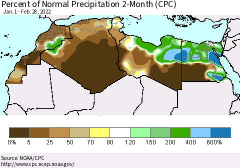 North Africa Percent of Normal Precipitation 2-Month (CPC) Thematic Map For 1/1/2022 - 2/28/2022