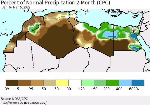 North Africa Percent of Normal Precipitation 2-Month (CPC) Thematic Map For 1/6/2022 - 3/5/2022