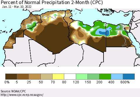 North Africa Percent of Normal Precipitation 2-Month (CPC) Thematic Map For 1/11/2022 - 3/10/2022