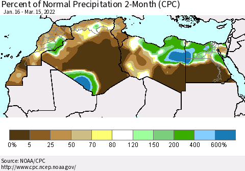 North Africa Percent of Normal Precipitation 2-Month (CPC) Thematic Map For 1/16/2022 - 3/15/2022