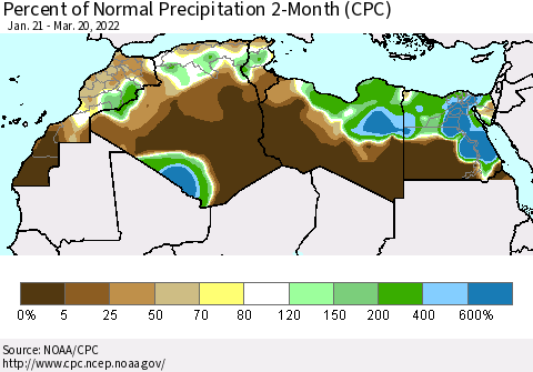 North Africa Percent of Normal Precipitation 2-Month (CPC) Thematic Map For 1/21/2022 - 3/20/2022