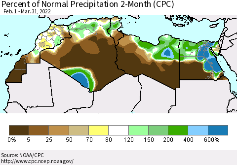 North Africa Percent of Normal Precipitation 2-Month (CPC) Thematic Map For 2/1/2022 - 3/31/2022