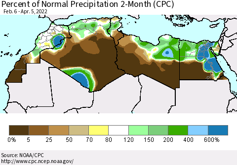 North Africa Percent of Normal Precipitation 2-Month (CPC) Thematic Map For 2/6/2022 - 4/5/2022