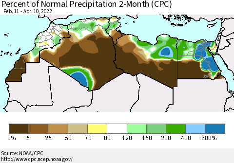 North Africa Percent of Normal Precipitation 2-Month (CPC) Thematic Map For 2/11/2022 - 4/10/2022