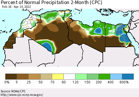 North Africa Percent of Normal Precipitation 2-Month (CPC) Thematic Map For 2/16/2022 - 4/15/2022