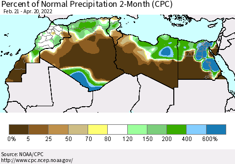 North Africa Percent of Normal Precipitation 2-Month (CPC) Thematic Map For 2/21/2022 - 4/20/2022